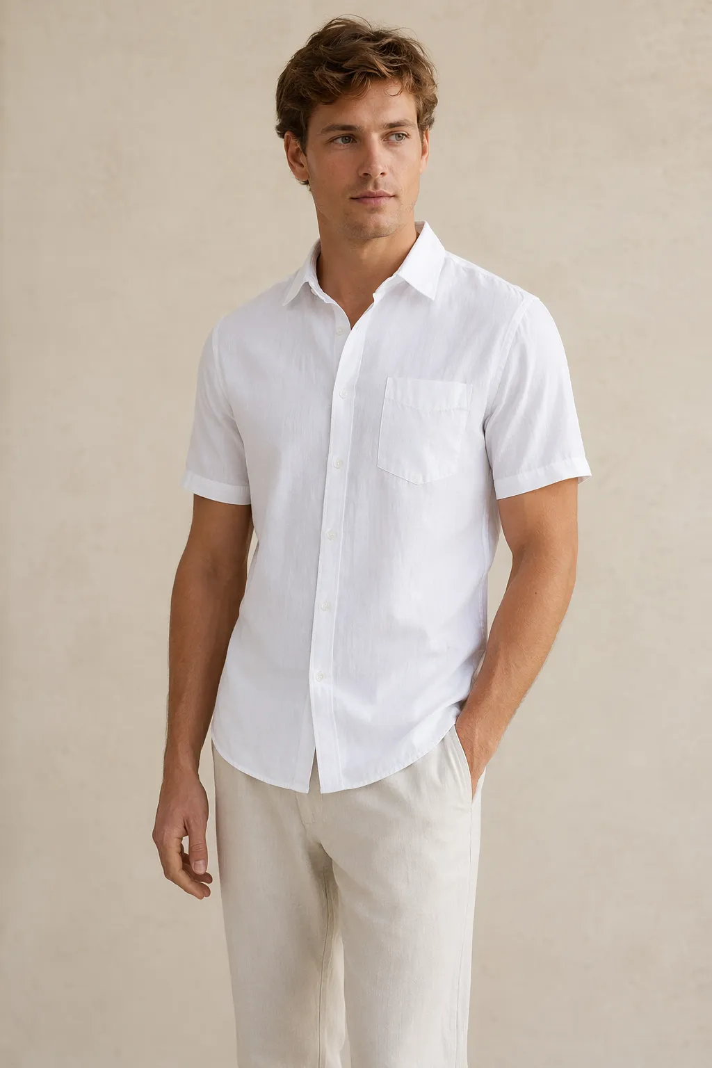 Woven man white cotton button up shirt