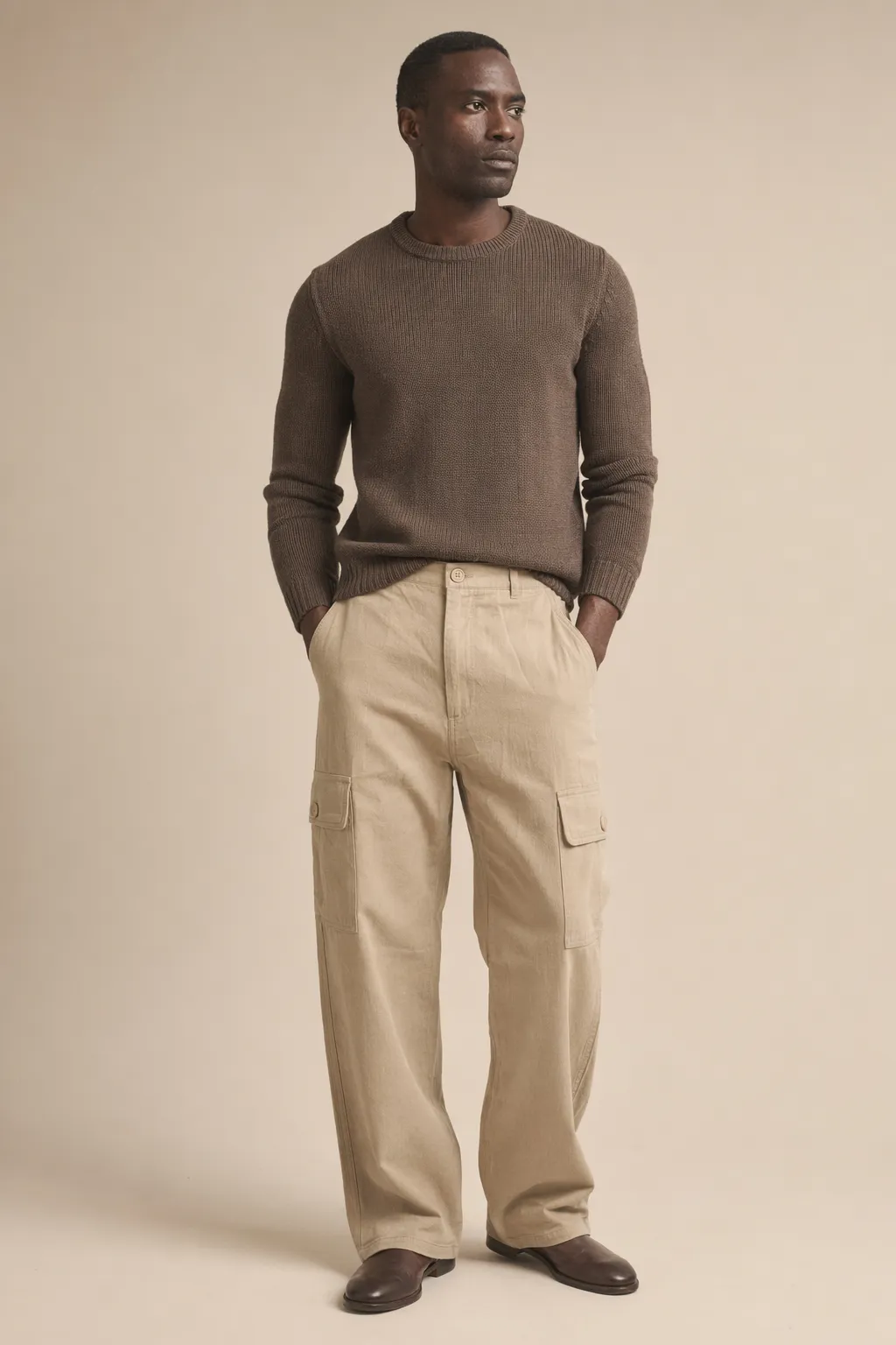 Woven man wide leg cargo trousers beige