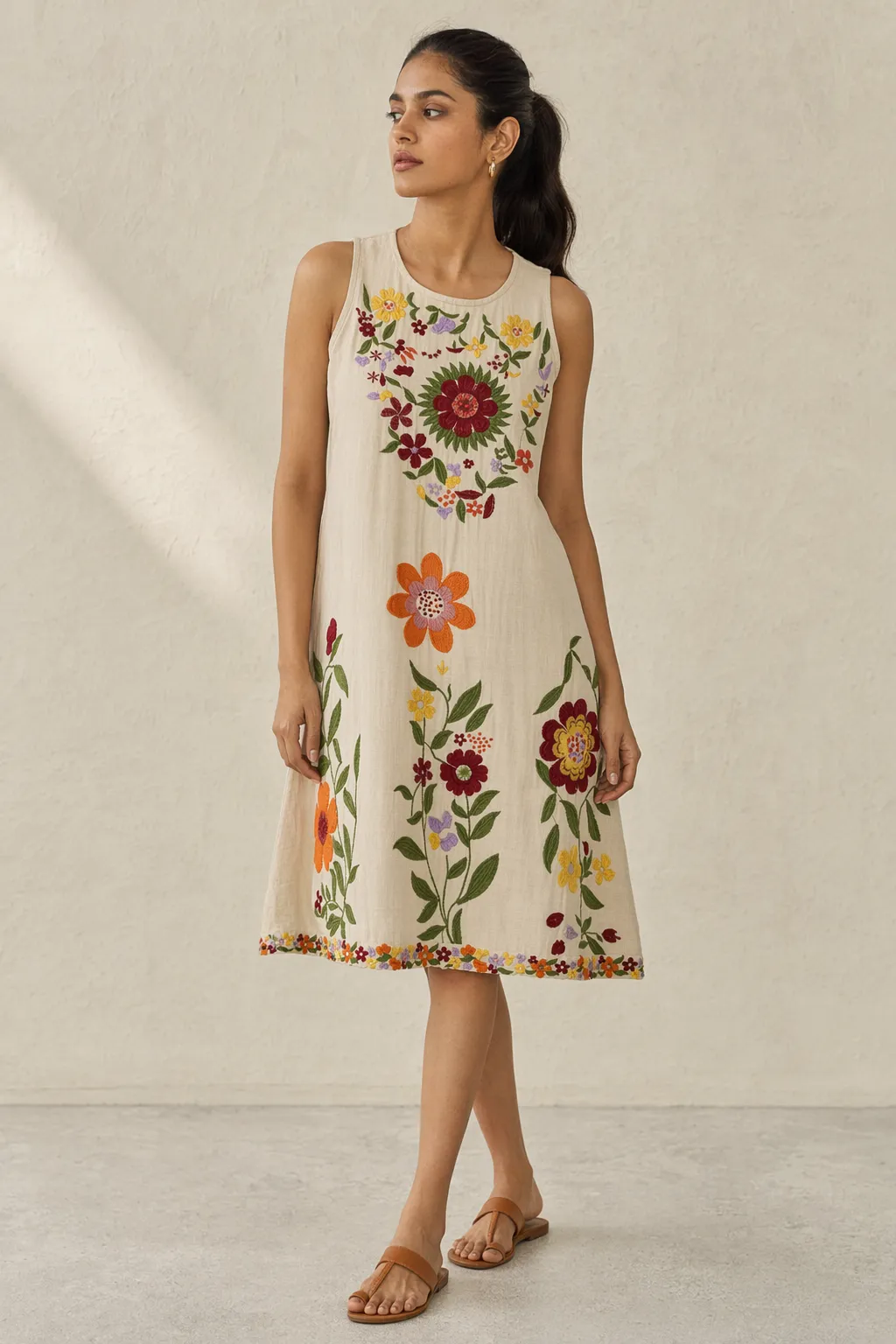 Woven woman beige folk embroidered dress