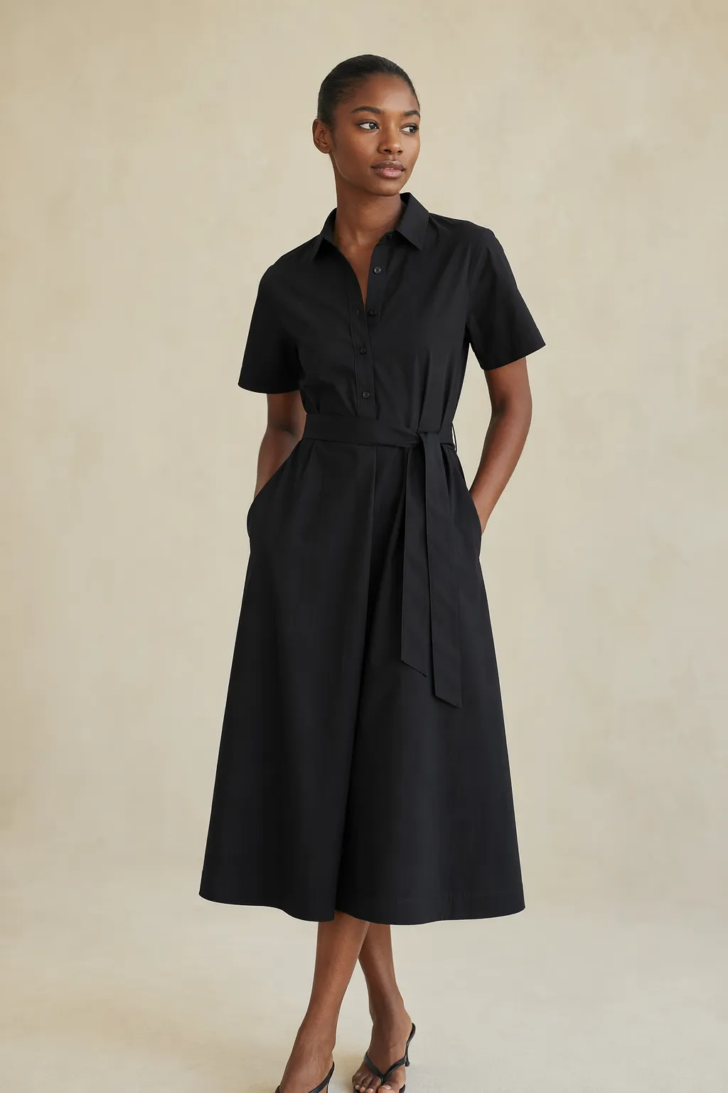 Woven woman black collared belted cotton midi