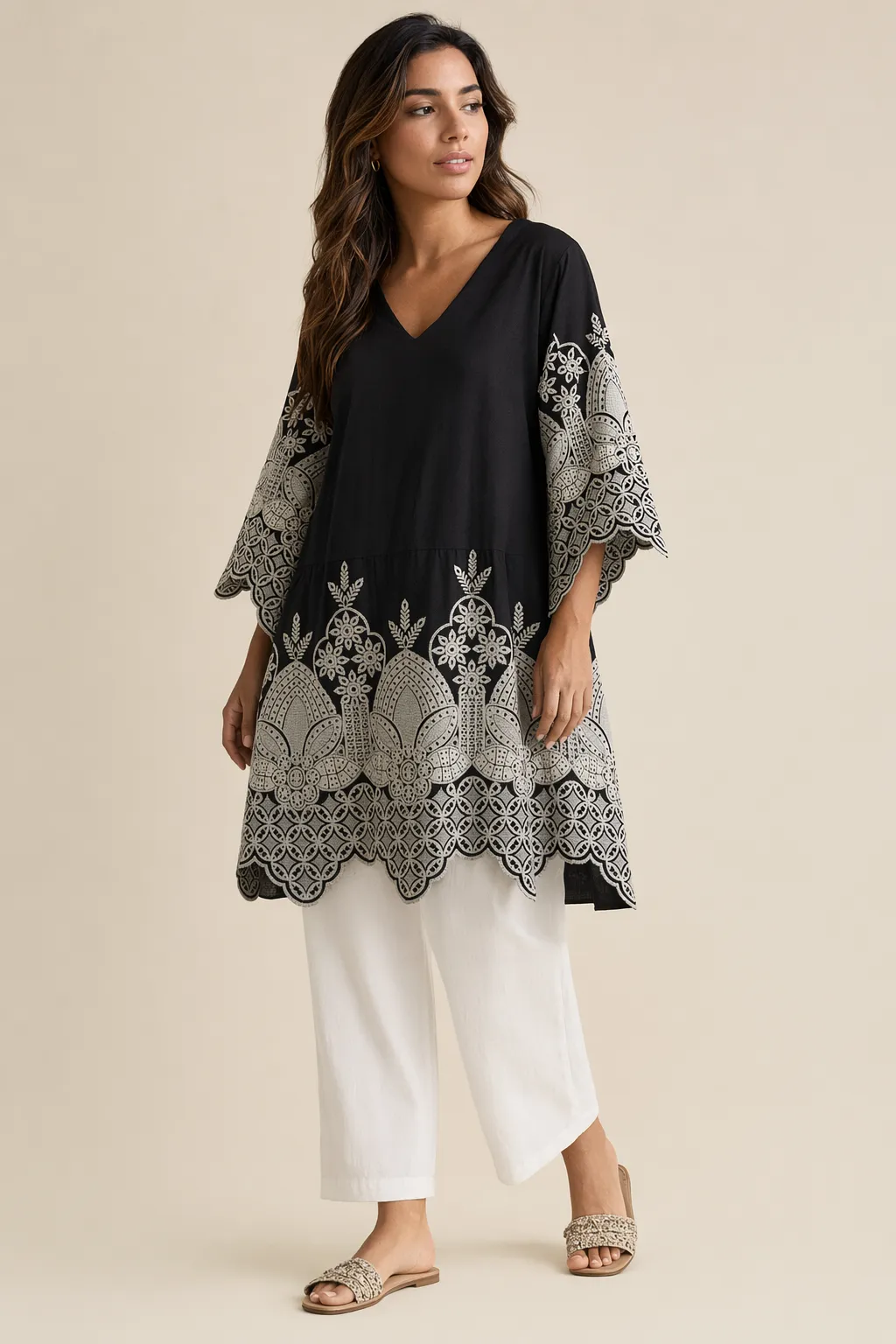 Woven woman black cutwork tunic dress