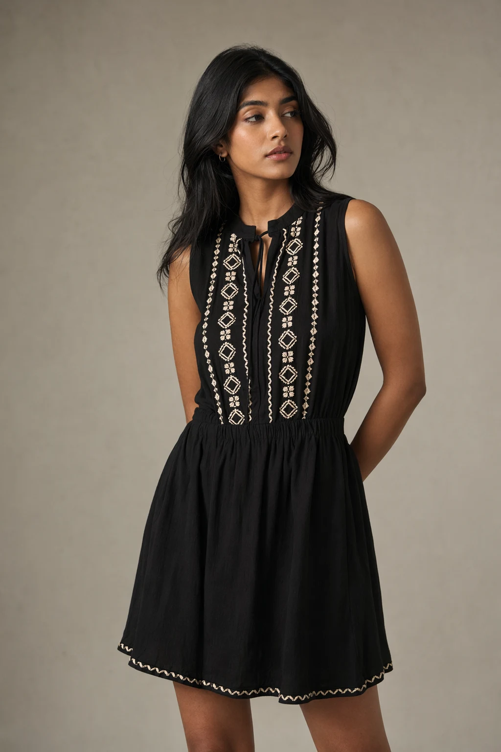 Woven woman black mini dress cream embroidered