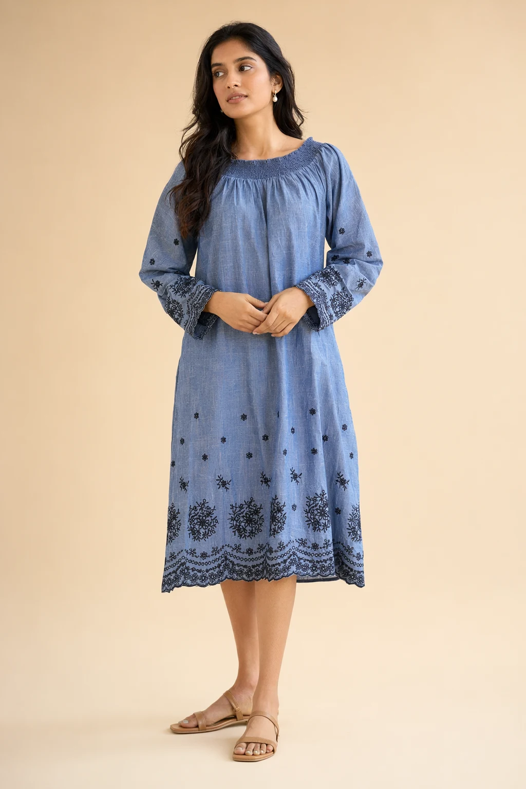 Woven woman chambray blue smocked yoke embroidered