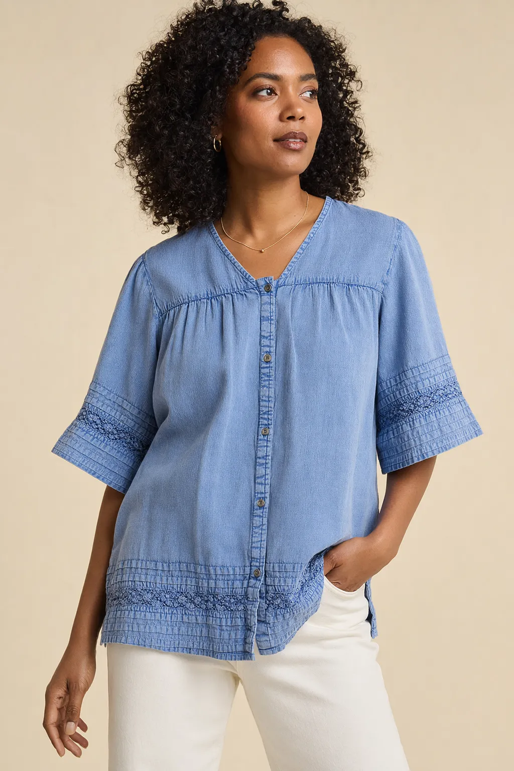 Woven woman chambray embroidered yoke top