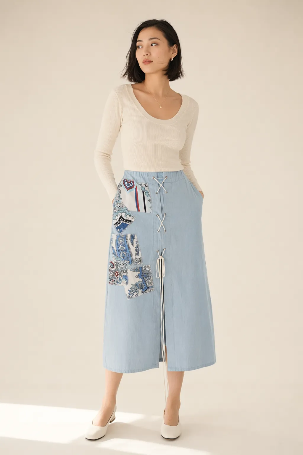 Woven woman chambray laceup patchwork skirt