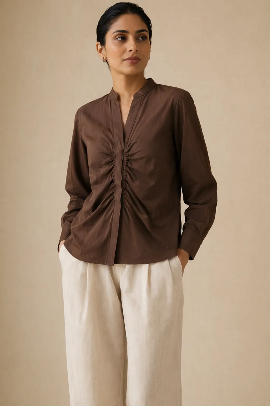 Woven woman chocolate brown ruched front cotton