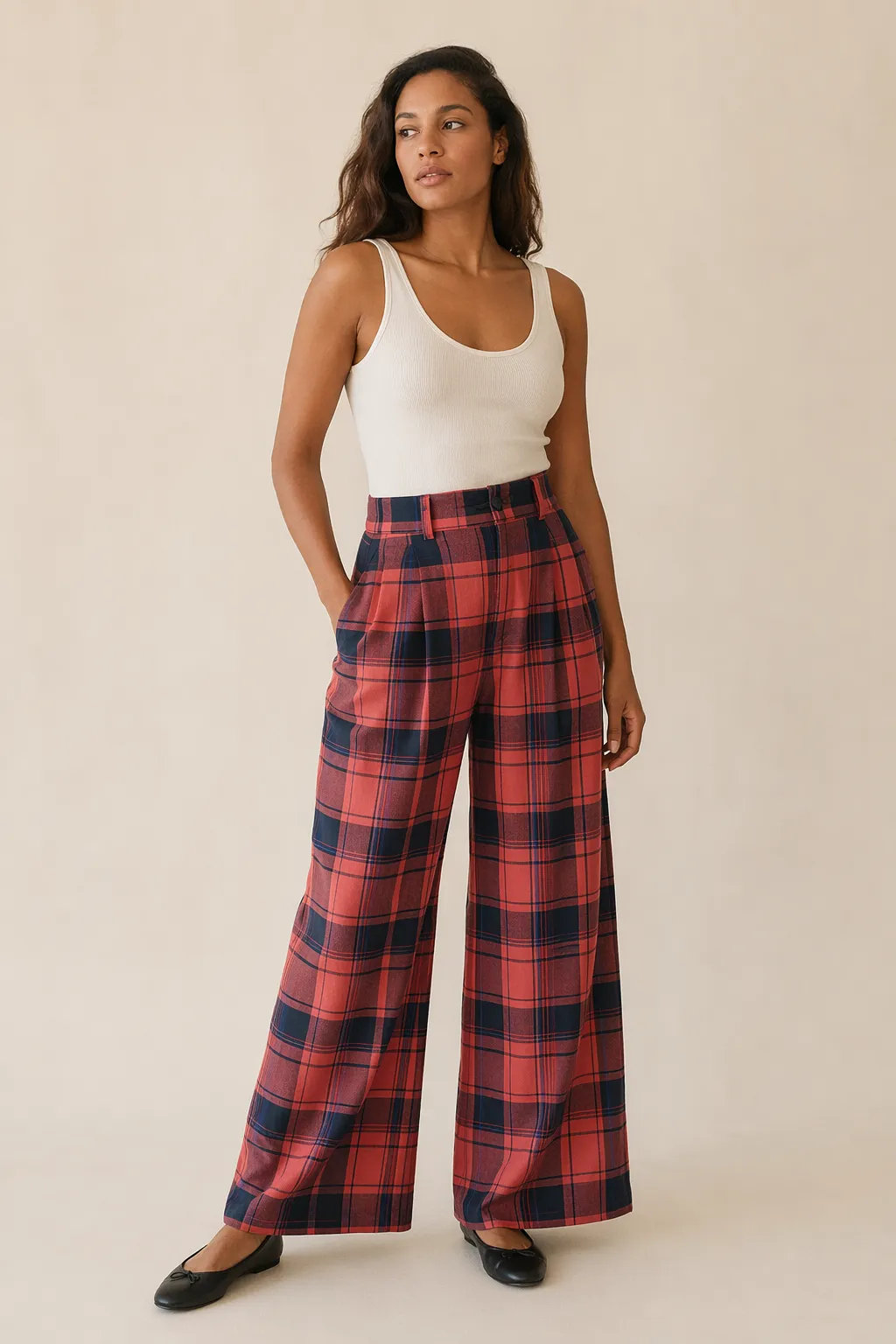 Woven woman coral red navy plaid wide