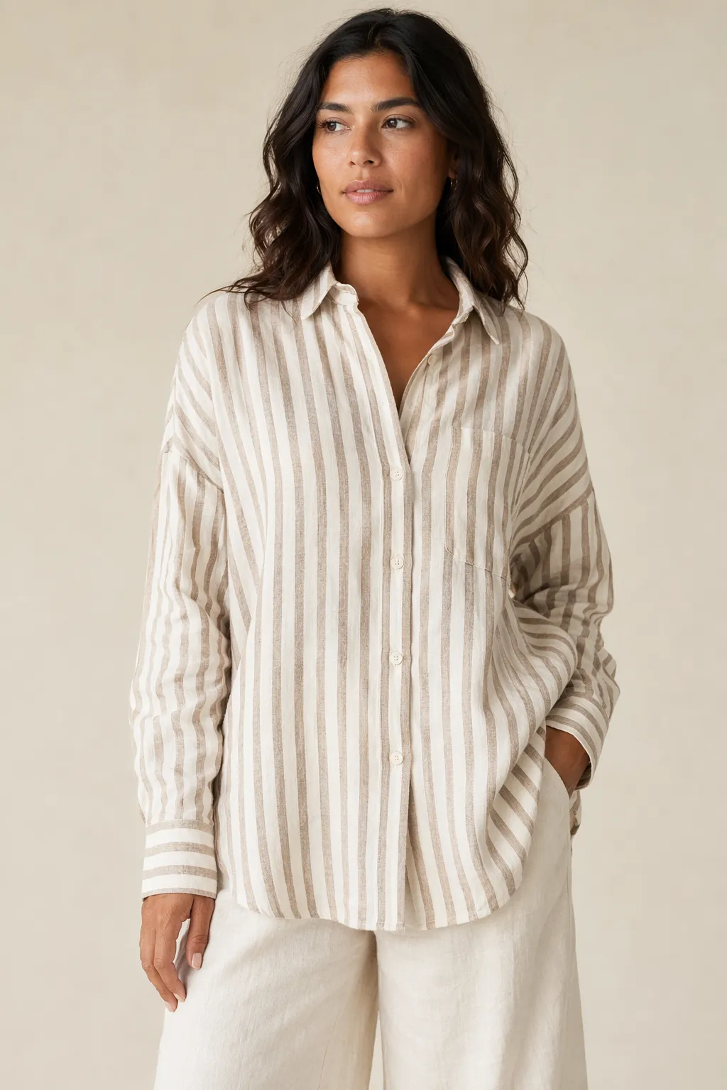Woven woman ivory brown vertical stripe linen