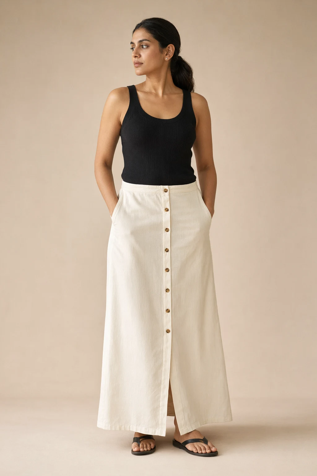 Woven woman ivory cotton button front maxi
