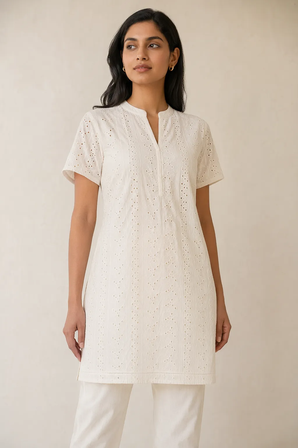 Woven woman ivory cotton eyelet embroidered tunic