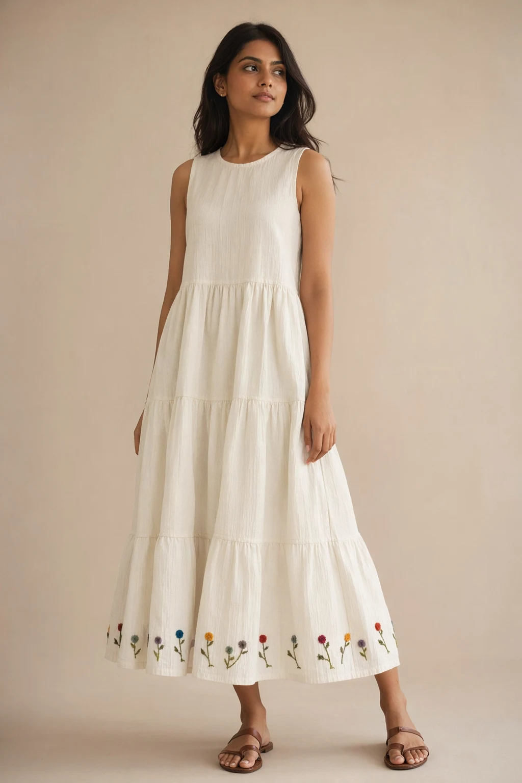 Woven woman ivory cotton tiered midi sundress