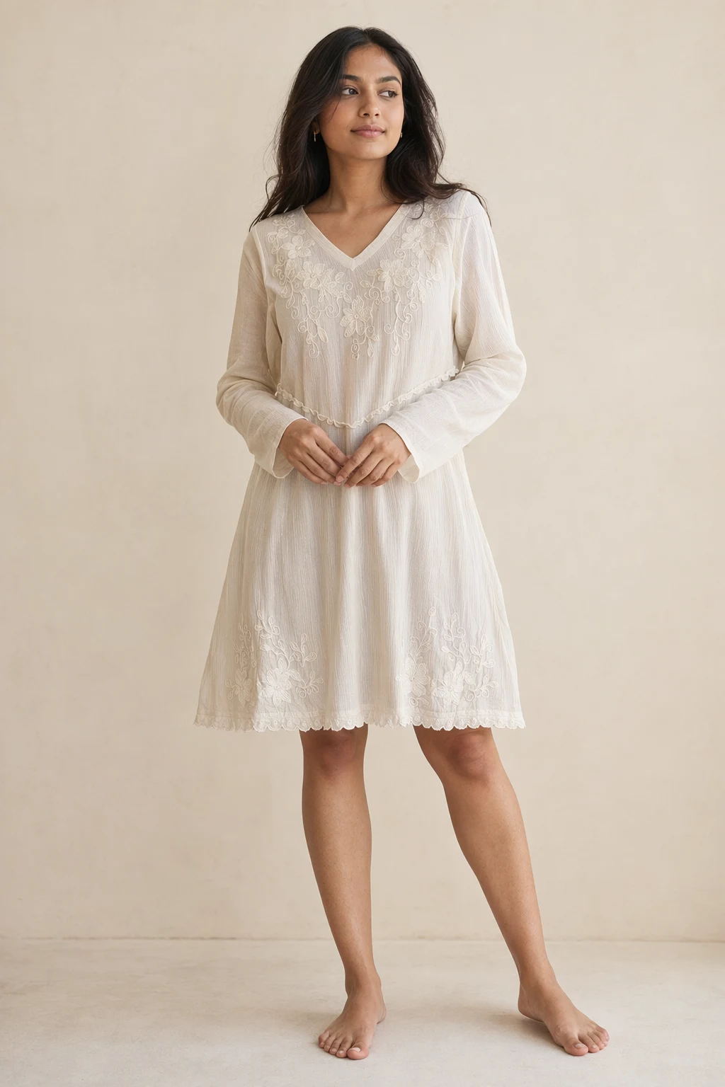 Woven woman ivory cotton tunic dress cream