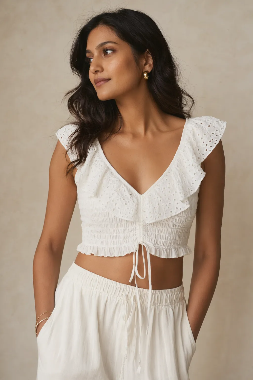 Woven woman ivory eyelet crop top