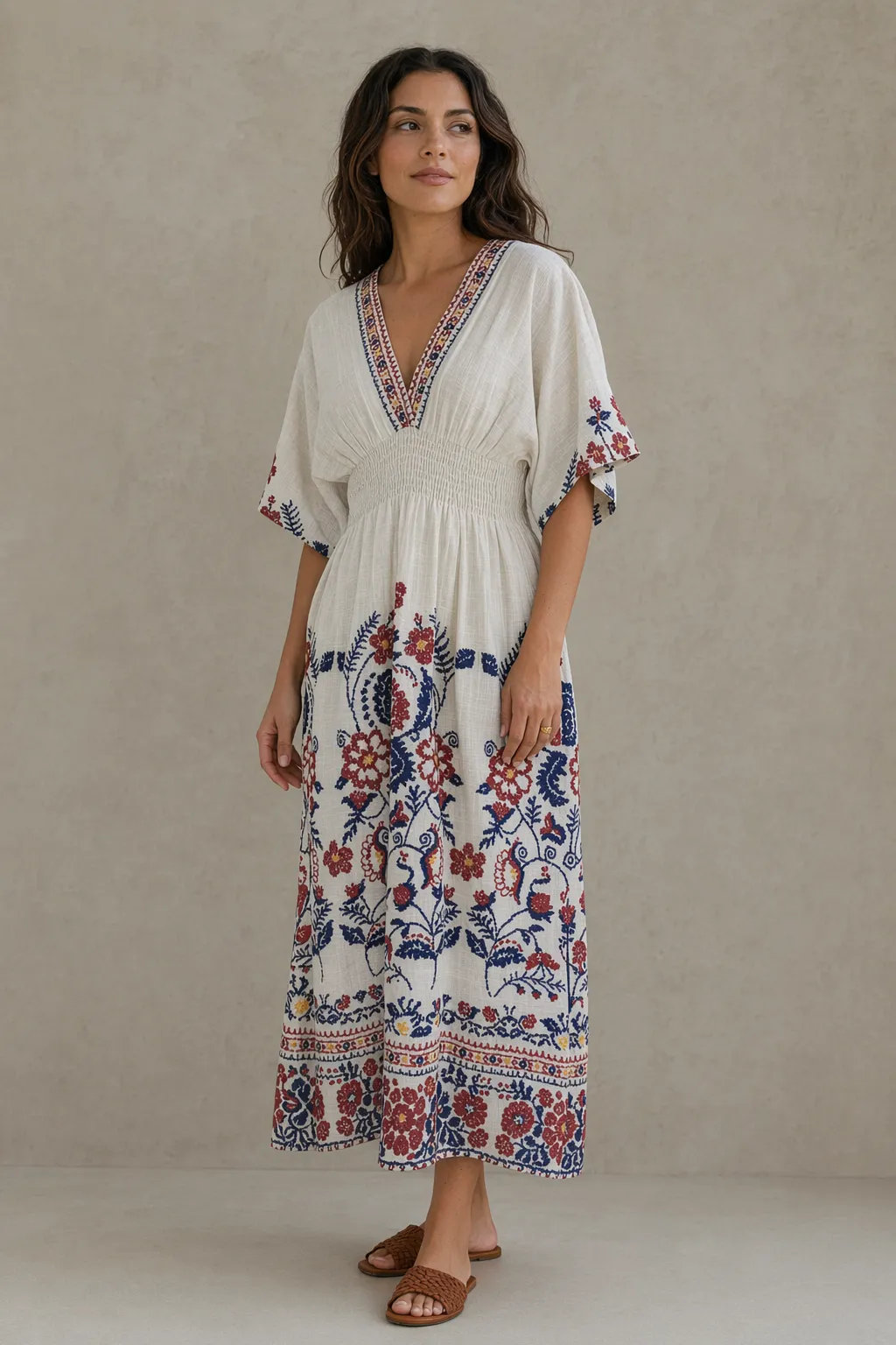 Woven woman ivory folk floral midi dress