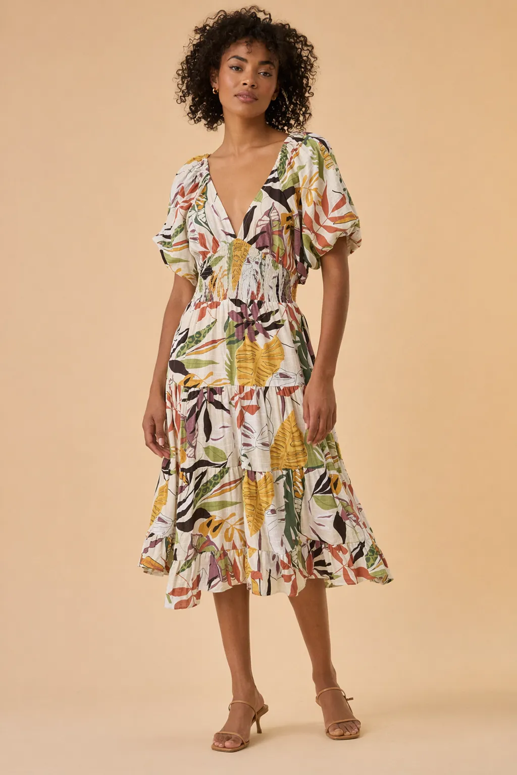 Woven woman ivory tropical tiered dress