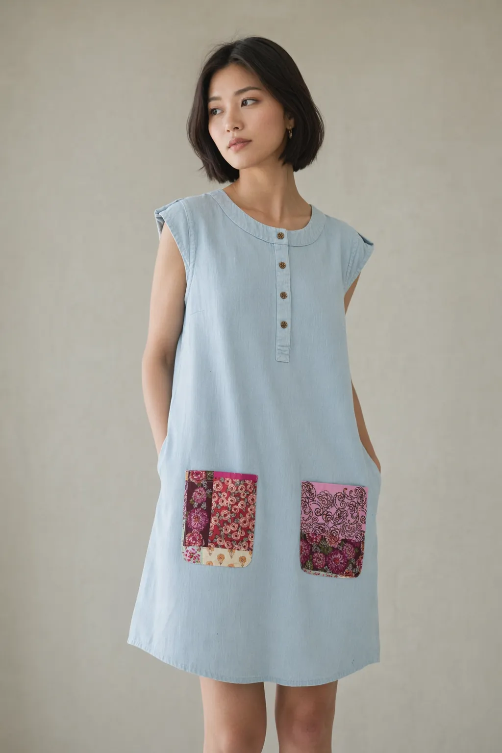 Woven woman lightwash patch pocket dress