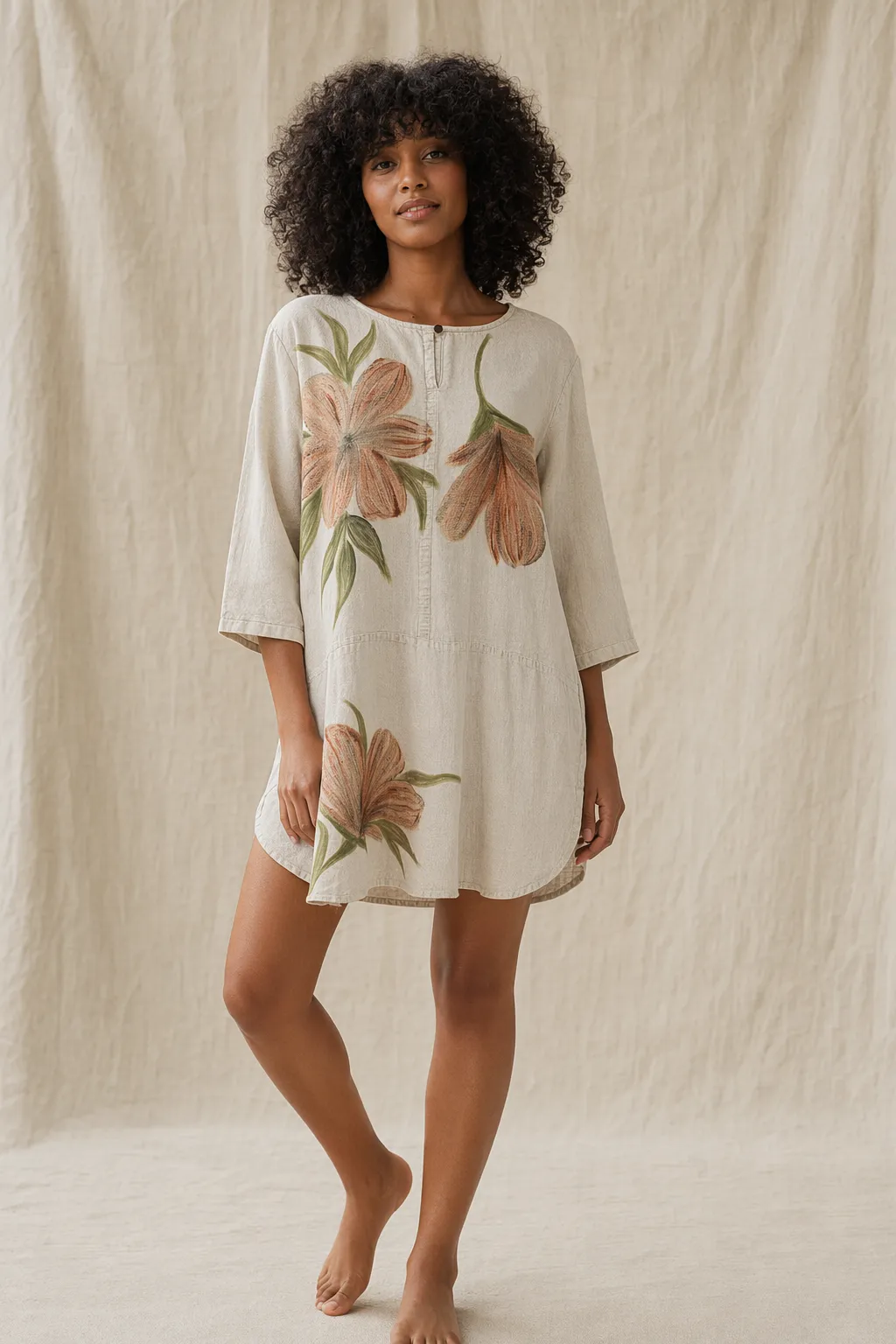 Woven woman natural handpainted floral tunic