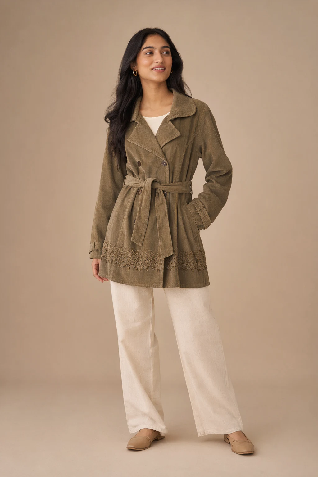 Woven woman olive green corduroy double breasted