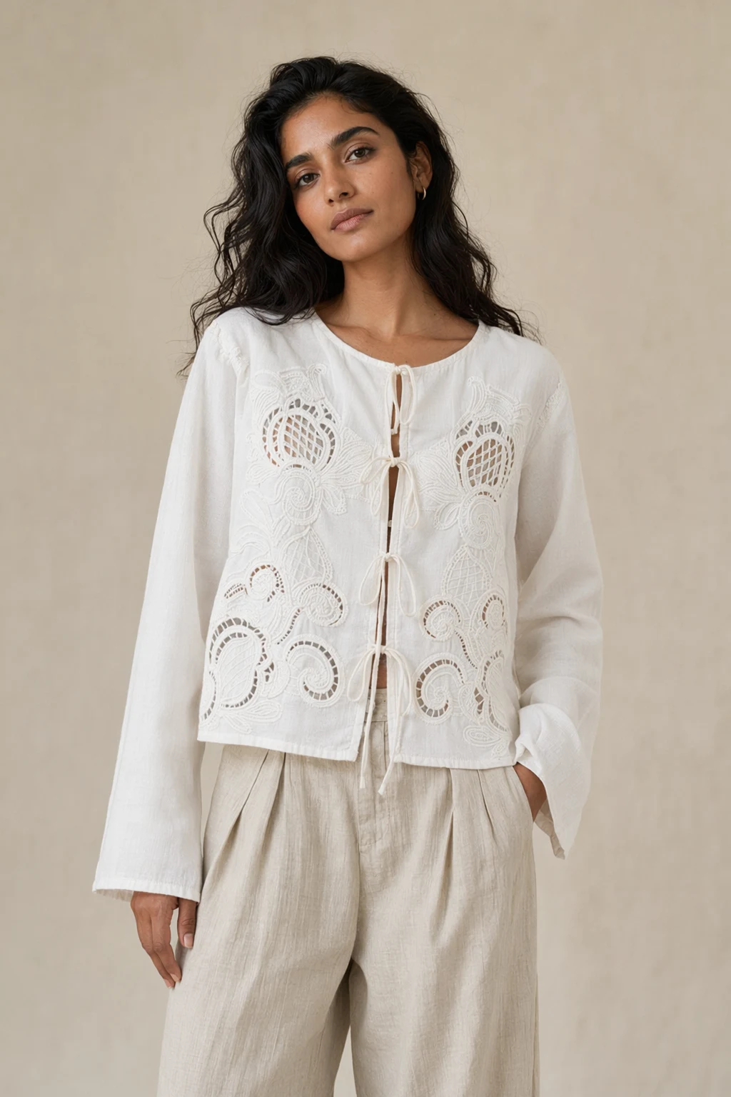 Woven woman open front embroidered cotton jacket