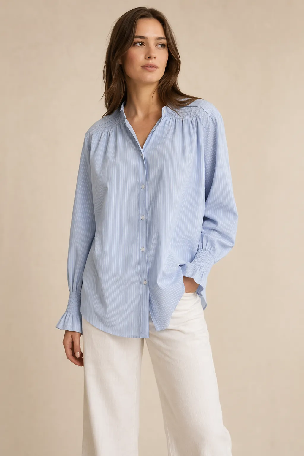 Woven woman pale blue pinstripe cotton smocked