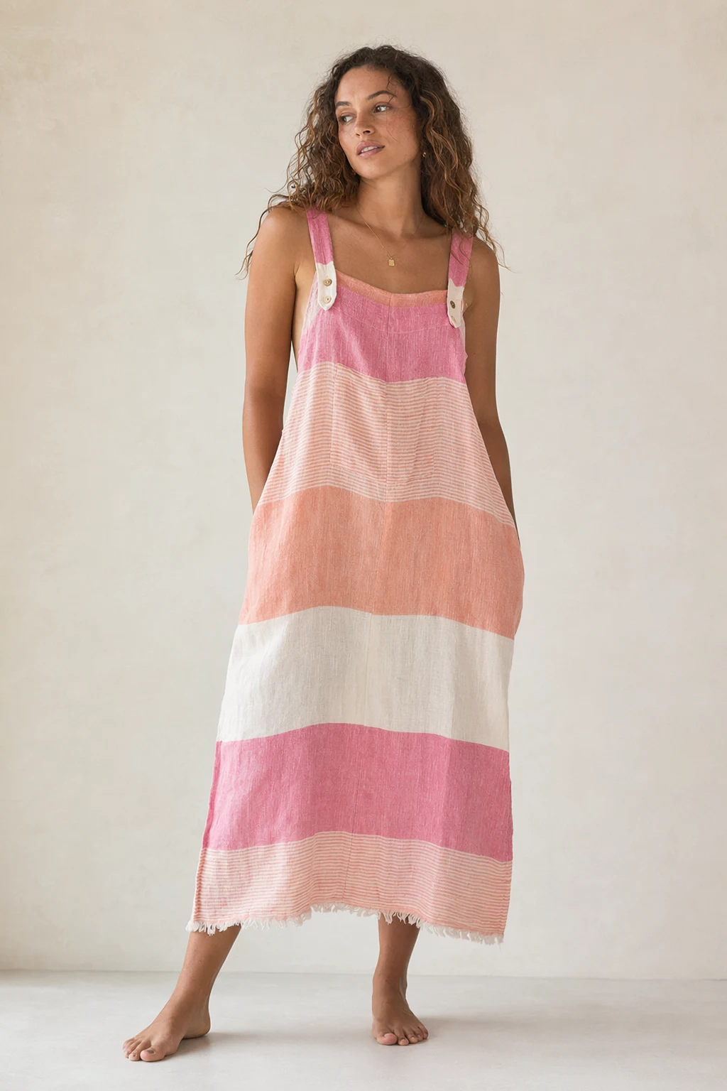 Woven woman pink cream colorblock striped linen