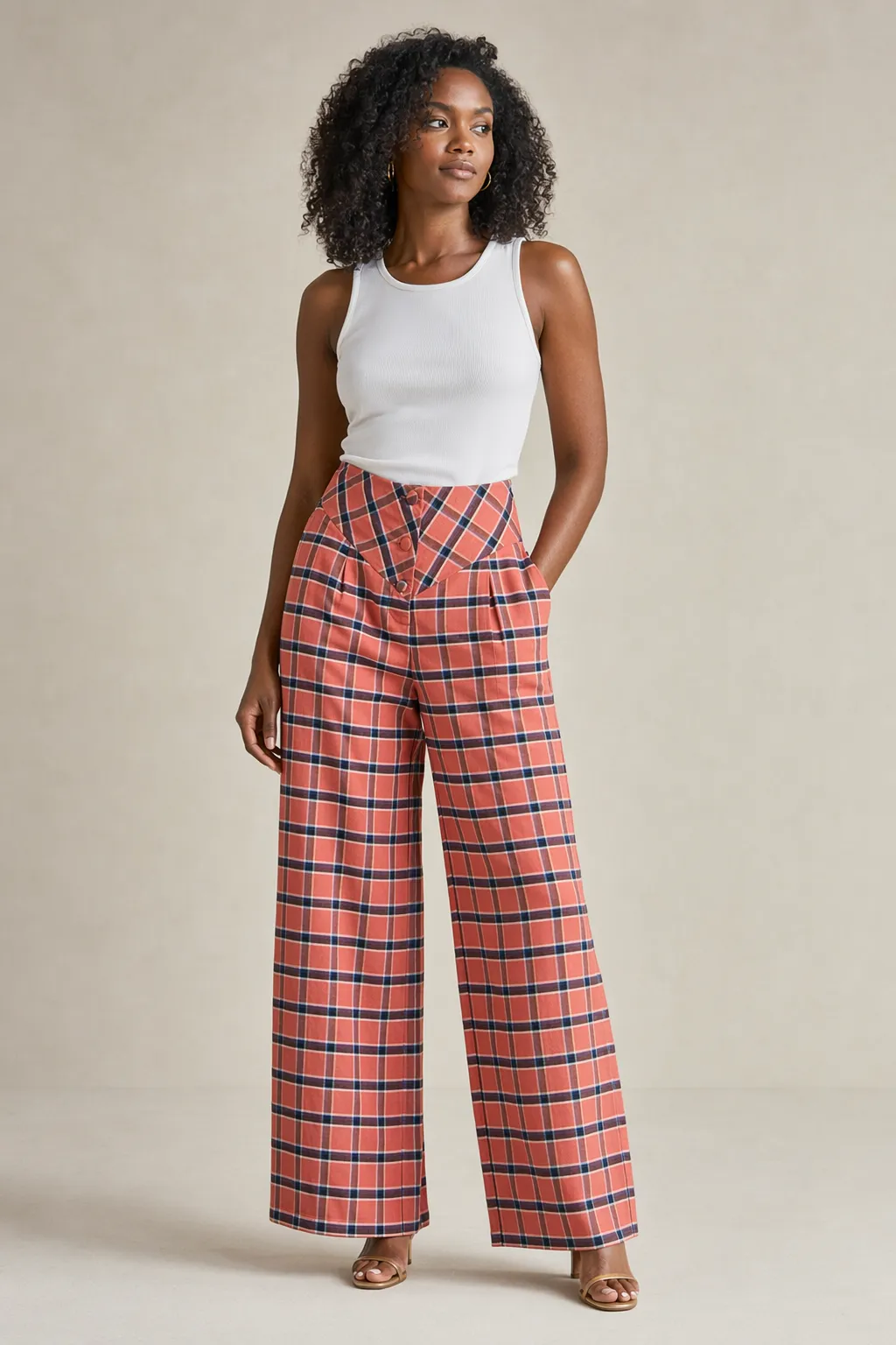 Woven woman rust plaid wide trousers