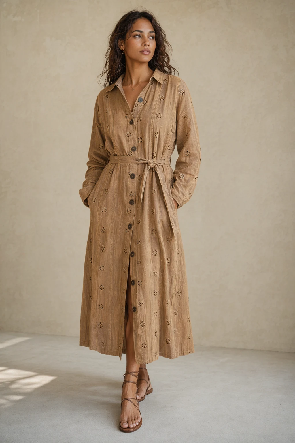 Woven woman tan camel eyelet floral cutwork