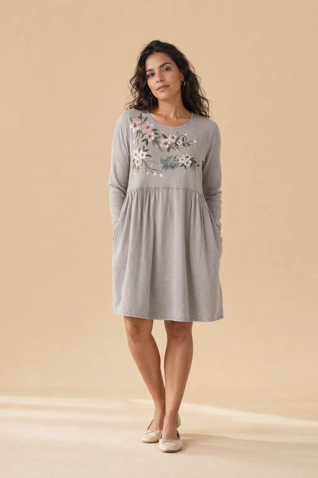 Woven woman taupe embroidered babydoll dress