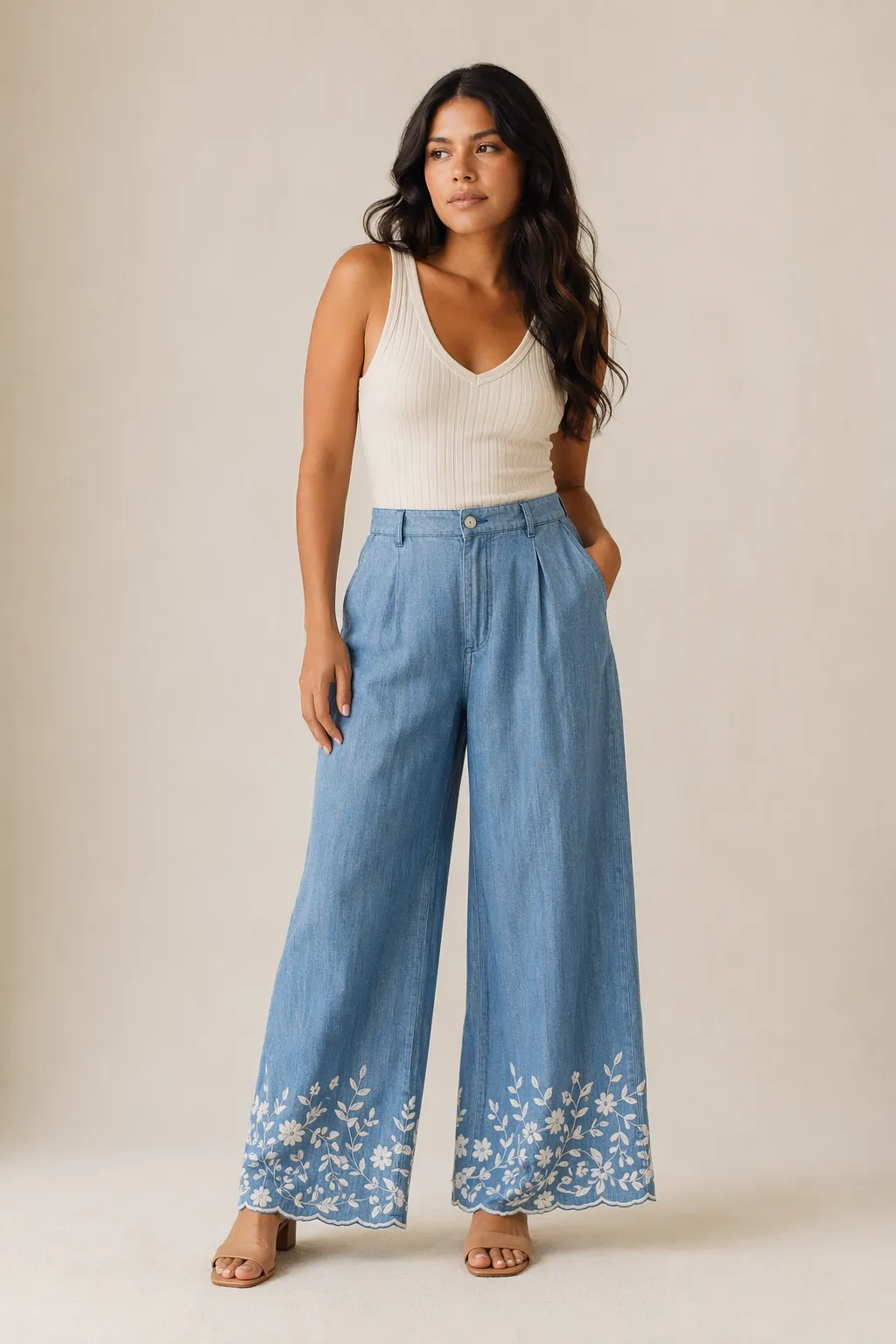 Woven woman washed blue chambray wide leg