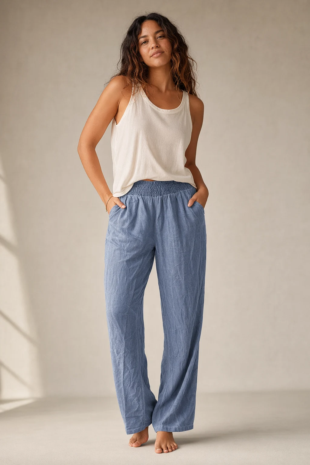 Woven woman washed dusty blue linen blend