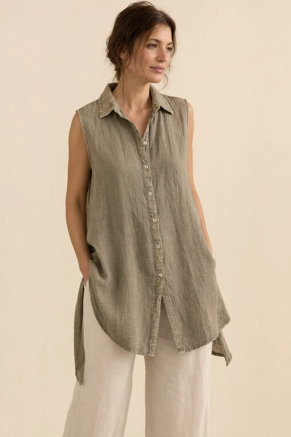 Woven woman washed olive khaki linen blend