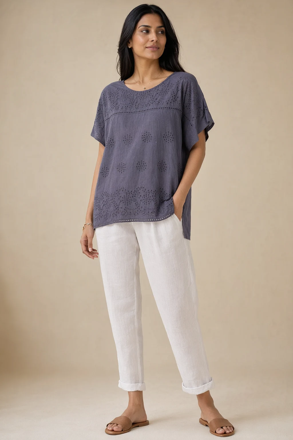 Woven woman washed purple grey eyelet embroidered