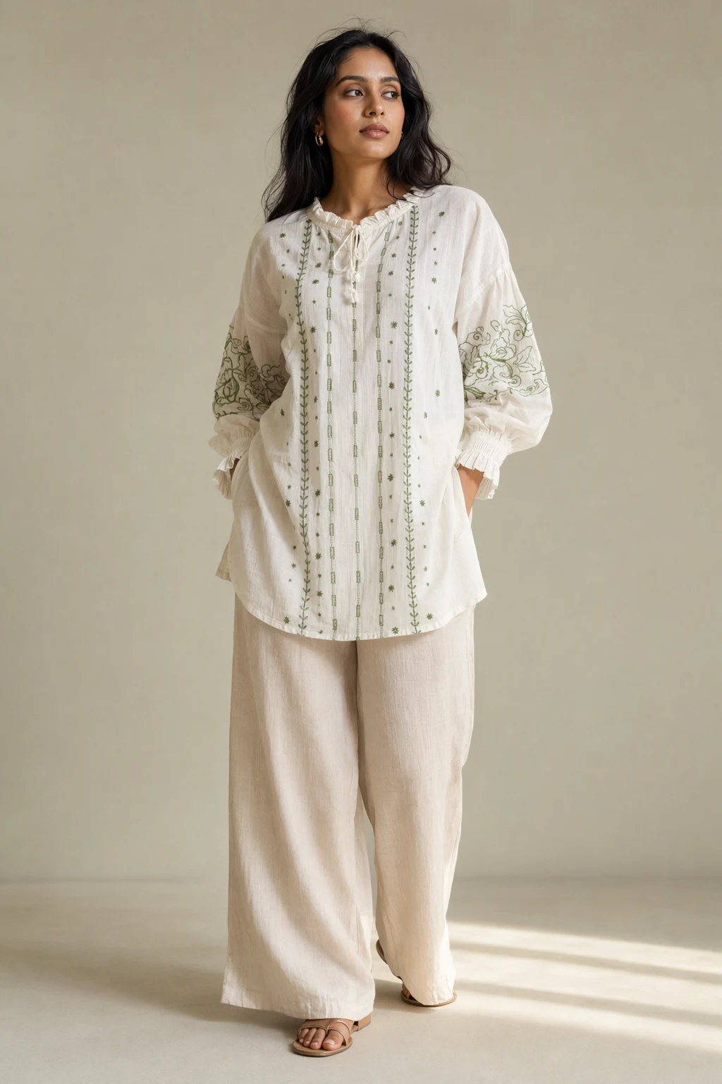 Woven woman white cotton tunic blouse green