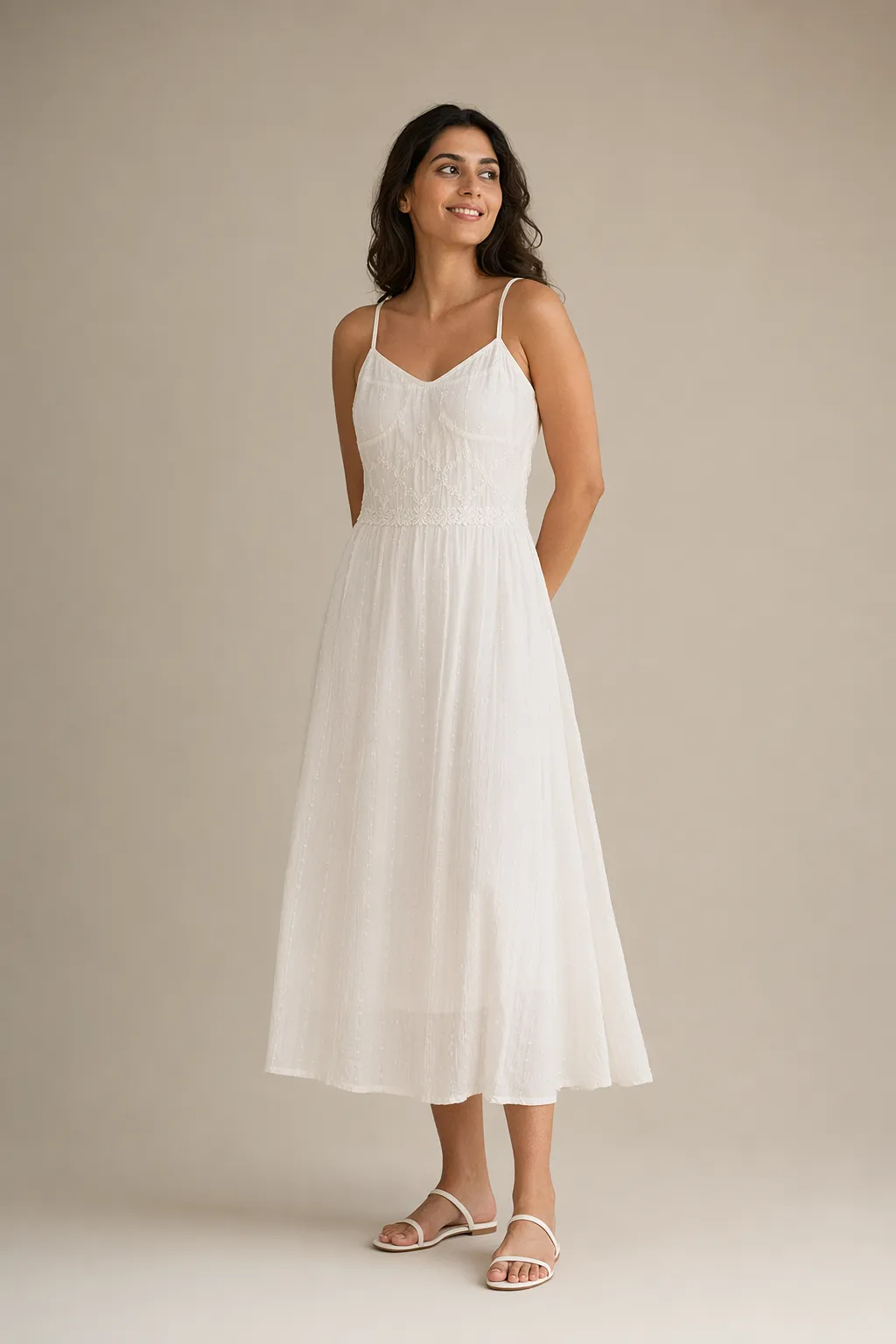 Woven woman white dobby lace midi dress