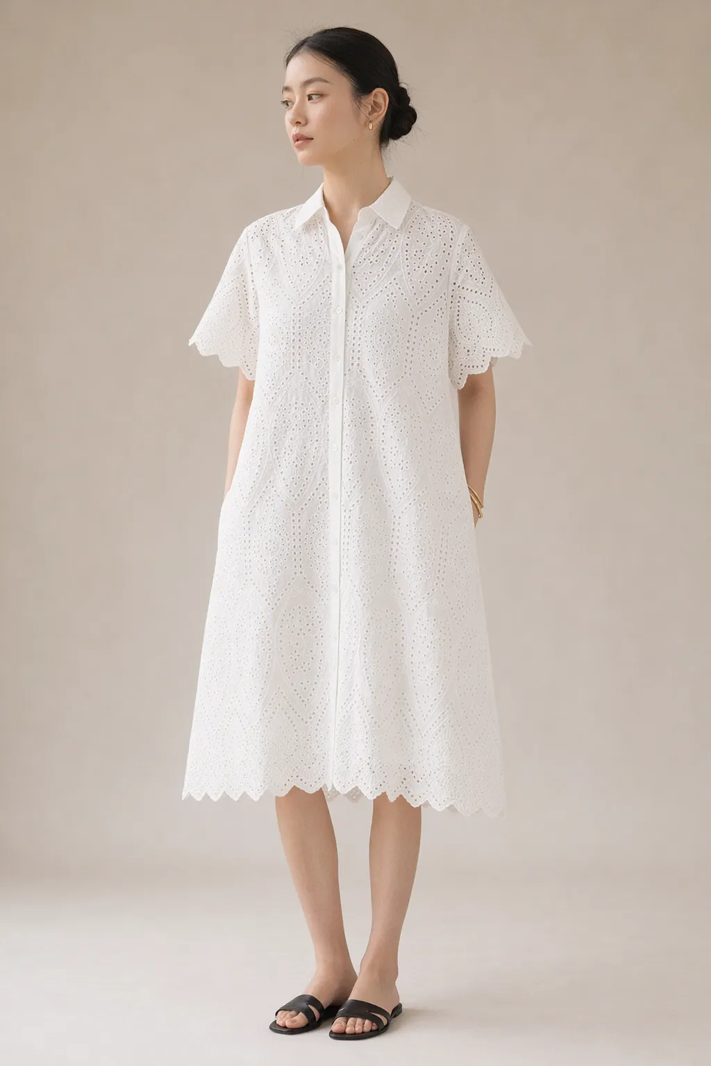 Woven woman white eyelet shirt dress