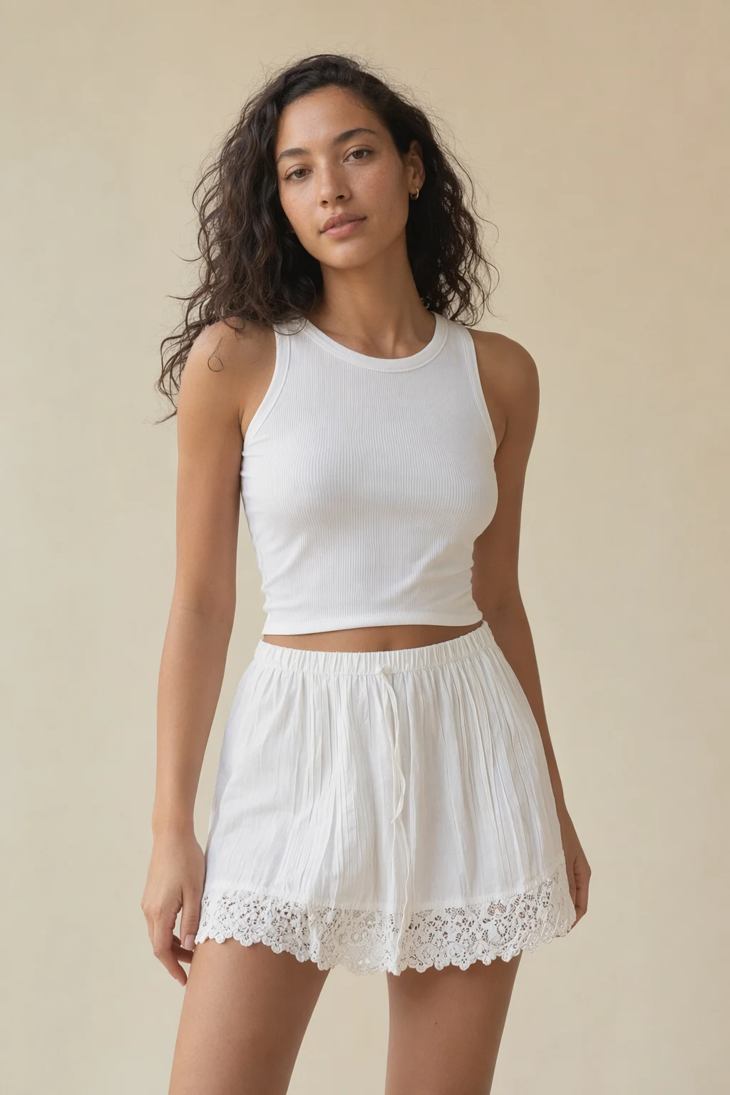 Woven woman white smocked waist mini skirt