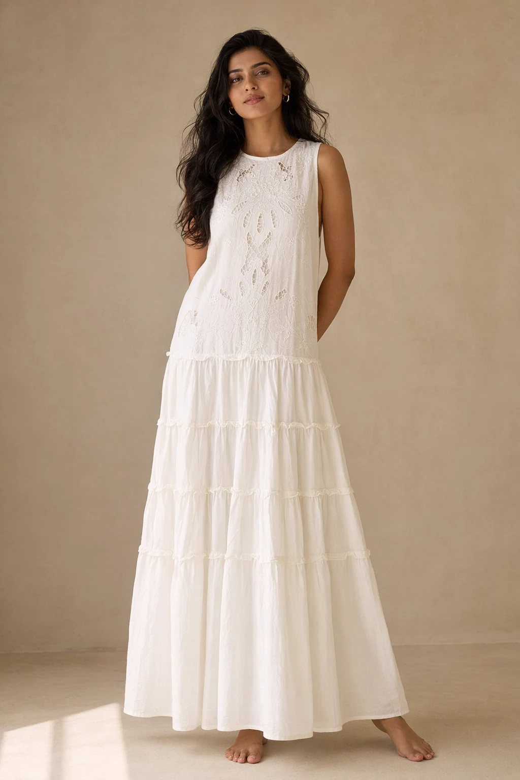 Woven woman white tiered cotton midi maxi
