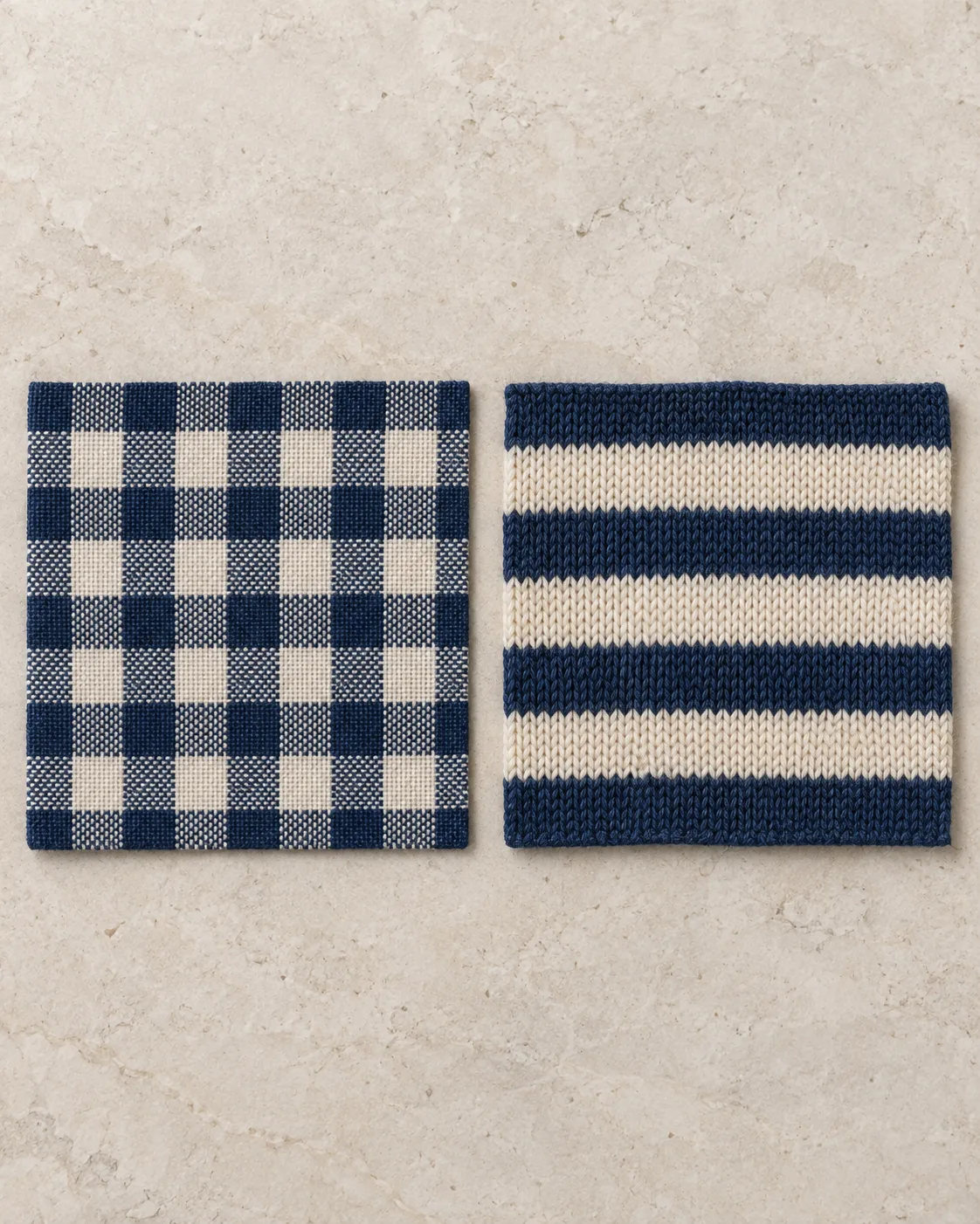 Navy and ecru woven gingham on the left and horizontal knitted stripes on the right