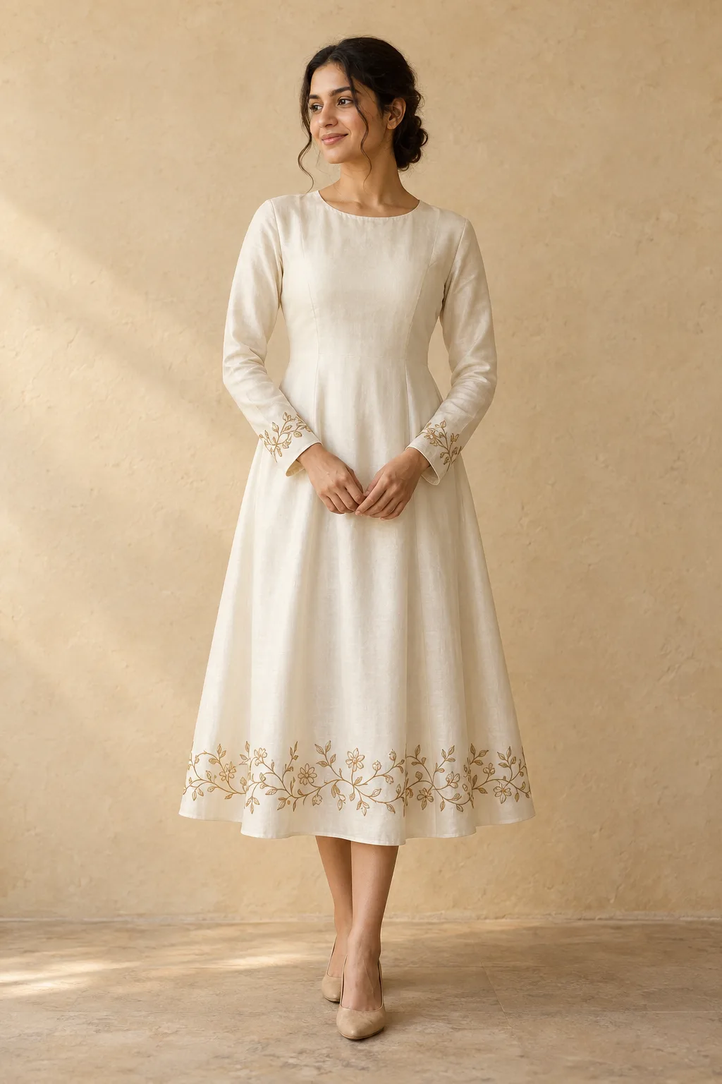 Ivory silk dress with gold-coloured floral outlines embroidered at the hem and cuffs